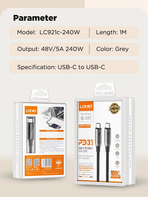 100W PD-3.1 USB-C professional data cable - LDNIO LC921 with 1.2 meter
braided design and built-in smart chip technology
