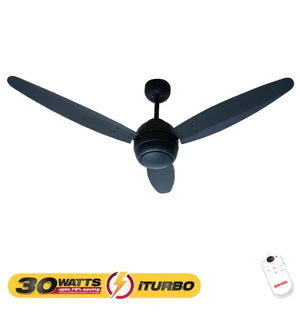A 3-blade ceiling fan in matte black, shown against a plain white background with a yellow promotional banner at the bottom reading '30 WATTS ITURBO' and a small white remote control in the lower right corner. Royal Splendor iTurbo 56" AC Inverter Ceiling Fan 30W Umar Electronic Store