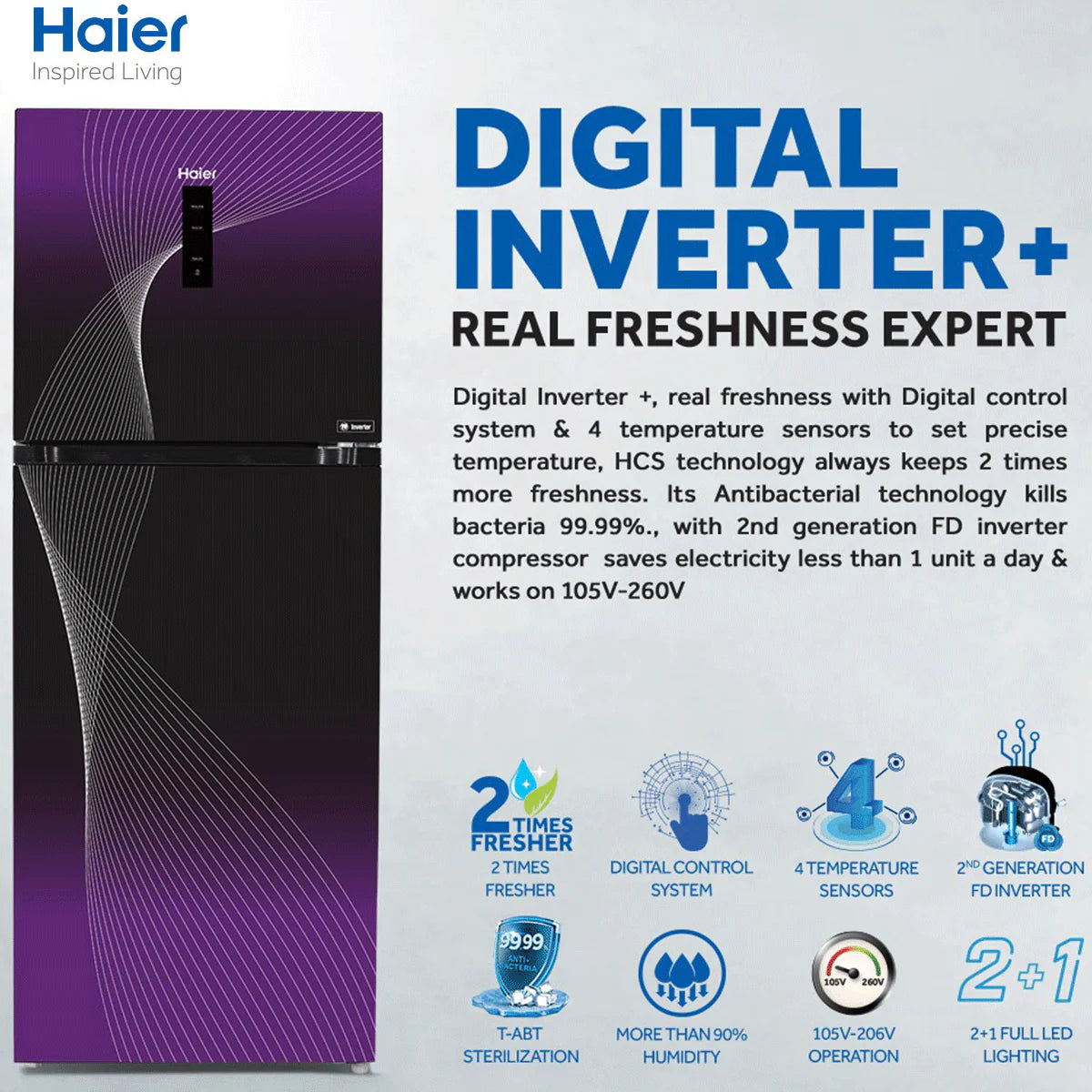 HAIER HRF 458 IFPA PURPLE GLASS INVERTER REFRIGERATOR