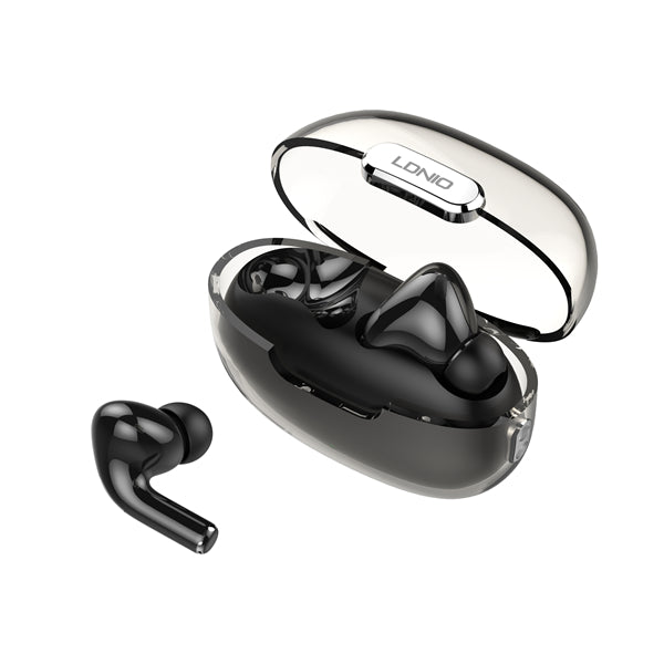 LDNIO T02 earbuds displaying 8-hour battery life and touch controls LDNIO T02 Wireless Earbuds | Premium Sound Quality - Rs. 4,250 Umar Electronic Store