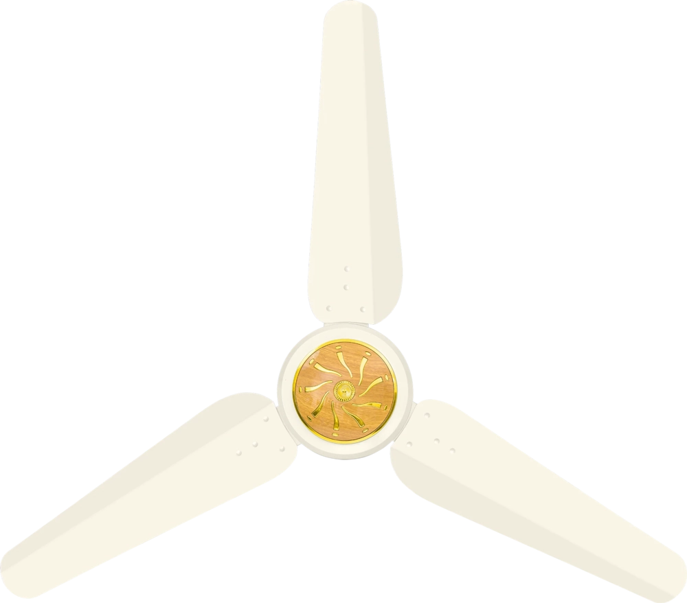 A three-blade ceiling fan with off-white blades and a circular gold-toned center hub, shown against a plain white background. Khurshid Icon 56" AC/DC Inverter Ceiling Fan 50W Umar Electronic Store