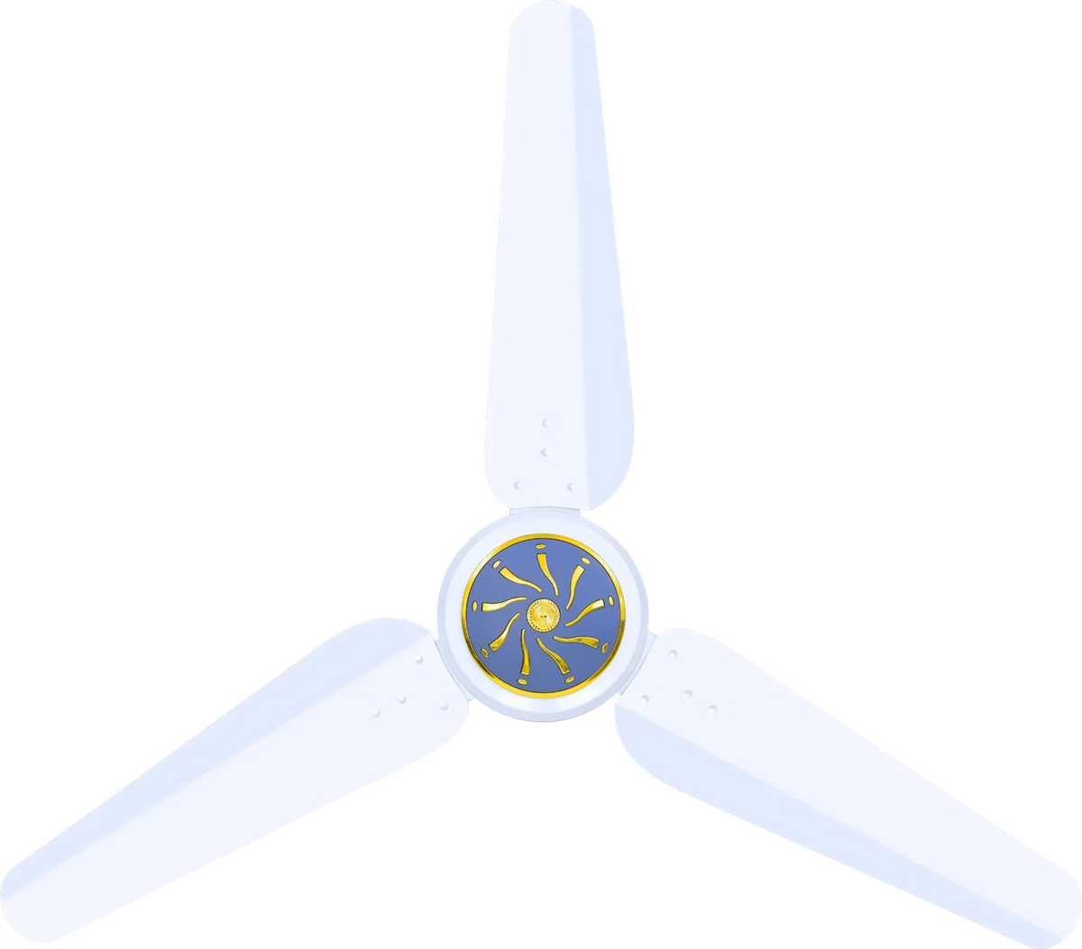 A three-blade ceiling fan with a central motor housing featuring a blue and gold sunburst design, shown against a plain white background. Khurshid Icon 56" AC/DC Inverter Ceiling Fan 50W Umar Electronic Store
