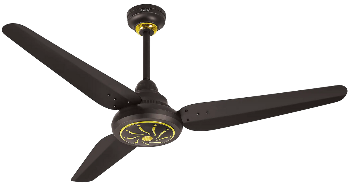 A three-blade ceiling fan in a dark brown finish with gold accents on the central hub and canopy collar, shown against a plain white background. Khurshid Icon 56" AC/DC Inverter Ceiling Fan 50W Umar Electronic Store
