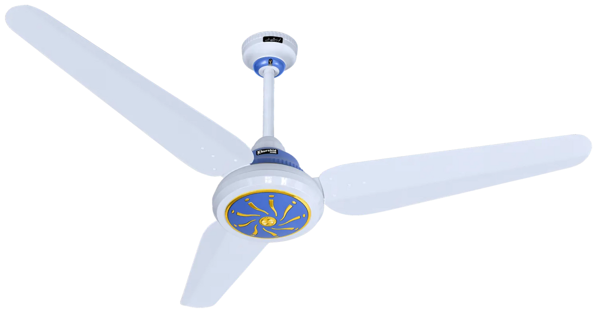 A three-blade ceiling fan with white blades and a central hub decorated with a blue and gold sunburst design, isolated on a white background. Khurshid Icon 56" AC/DC Inverter Ceiling Fan 50W Umar Electronic Store