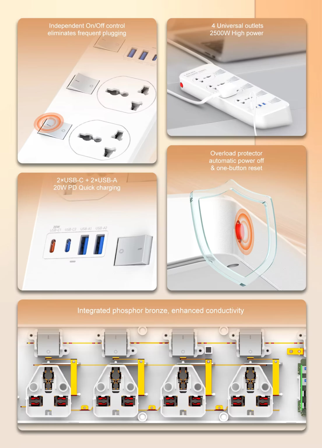 LDNIO SC4408C 4-Socket Extension Board with 4 USB Ports - image 9