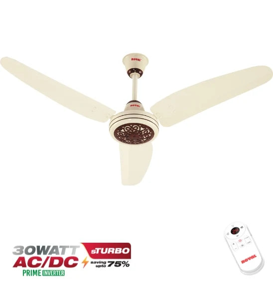 A 30W BoFINDI sTurbo AC/DC ceiling fan with three cream-colored blades, a cream and brown decorative central hub, and a matching remote control shown in the bottom right corner. The image includes promotional text badges at the bottom left. Royal Regency Prime 56" AC/DC Inverter Ceiling Fan 30W Umar Electronic Store