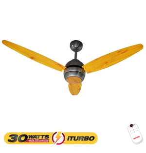 A 30-watt ceiling fan with three light brown wooden blades and a dark gray metal motor housing, shown against a plain white background with a remote control and a yellow '30Watts iTurbo' badge at the bottom. Royal Splendor iTurbo 56" AC Inverter Ceiling Fan 30W Umar Electronic Store