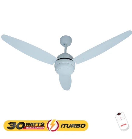 A 3-blade ceiling fan in a light blue-gray color, shown from a top-down perspective against a white background, with a yellow '30Watts iTurbo' badge and a white remote control in the lower corners. Royal Splendor iTurbo 56" AC Inverter Ceiling Fan 30W Umar Electronic Store