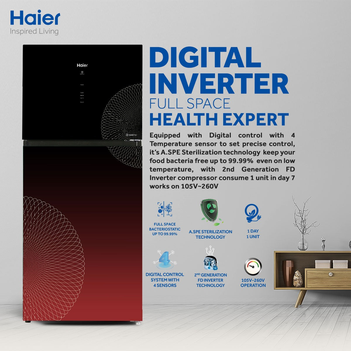 HAIER HRF 538 IARA RED GLASS INVERTER REFRIGERATOR