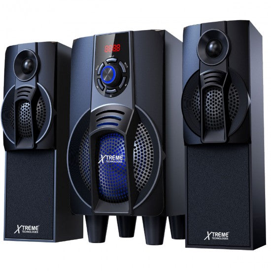 Xtreme Ideas 5 AC/DC 2.1 multimedia speaker with subwoofer on table
