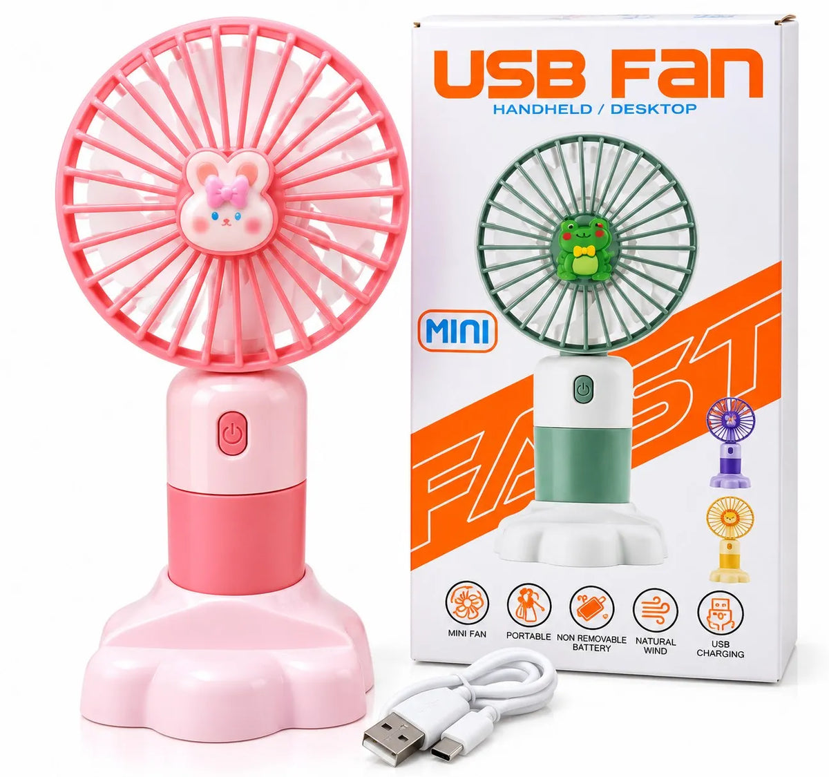UURF001 pink mini USB fan on desktop stand with retail box