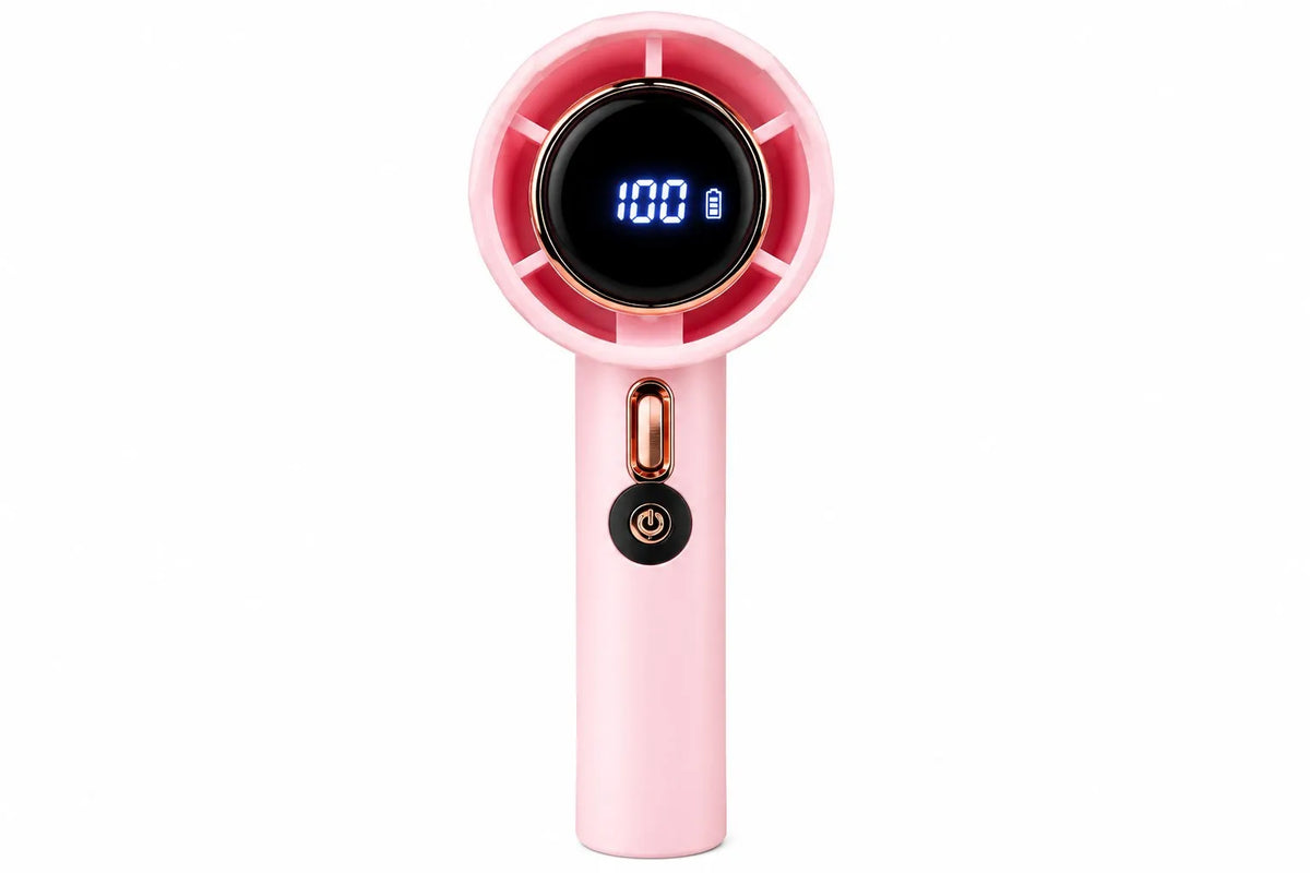 NIKO GS5 turbo handheld fan in pink with 100-speed digital display