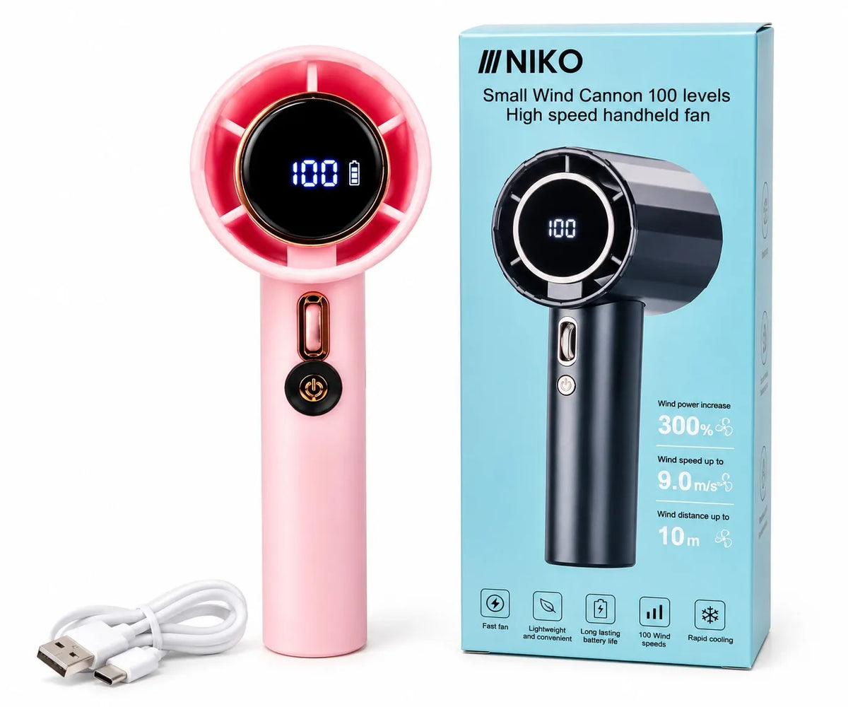 NIKO GS5 pink handheld fan with retail box and USB Type-C charging cable